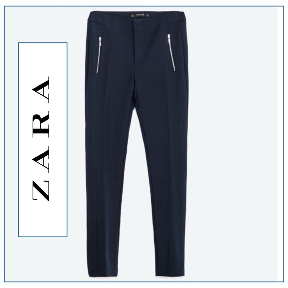 Zara Ankle Skinny Trousers with Front Zippers Size:  XS - Navy